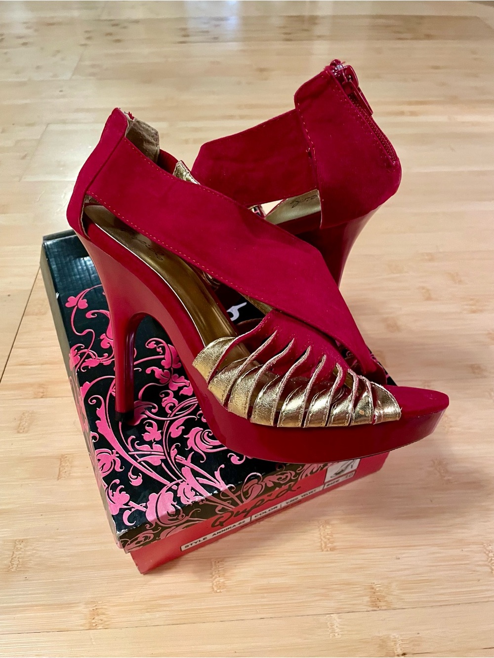 Qupid Red and Gold Peep-Toe Platform Heels